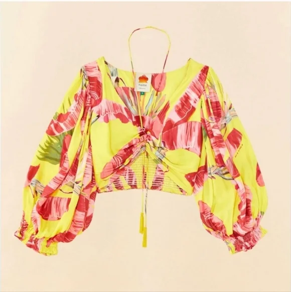 Farm Rio, Sweet Jungle Lime Crop‎ Top, Lime Yellow/Red/Pink, Size XS - Picture 5 of 16